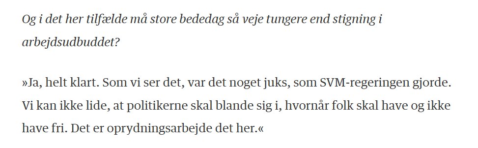 Man er velkommen til at mene, at store bededag skal genindføres som helligdag. Men er jeg den eneste, der ikke kan få denne udtalelse fra <a href="/solbjorgLA/">Sólbjørg Jakobsen</a> til at give mening? Hvis man genindfører den, er det jo de facto at bestemme, hvornår folk skal holde fri.