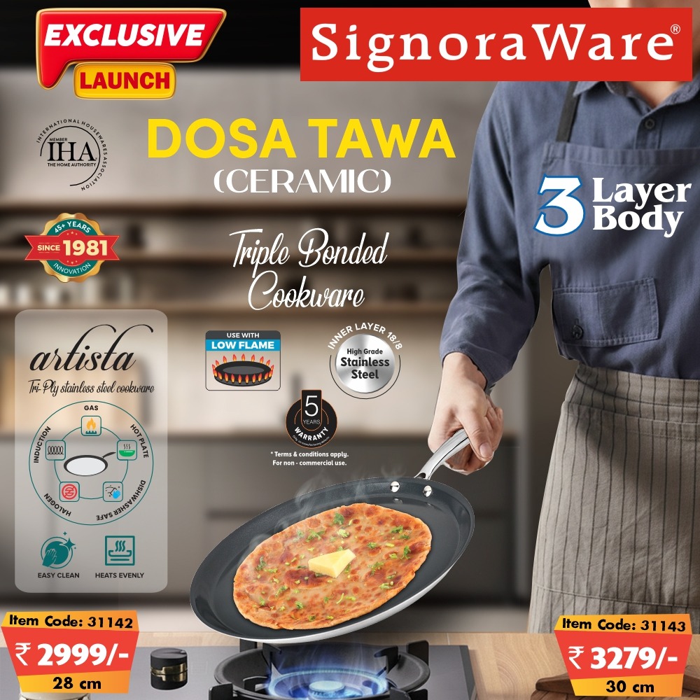 SignoraWare's tweet image. Perfect crisp, perfect flip! 
Introducing the SignoraWare Tri-Ply Dosa Tawa (Ceramic) — designed for chefs at home who love authentic taste with modern style.
#SignoraWare #TriPlyCookware #DosaTawa #CeramicCookware #MadeInIndia #KitchenEssentials #EverydayCooking #ServeInStyle