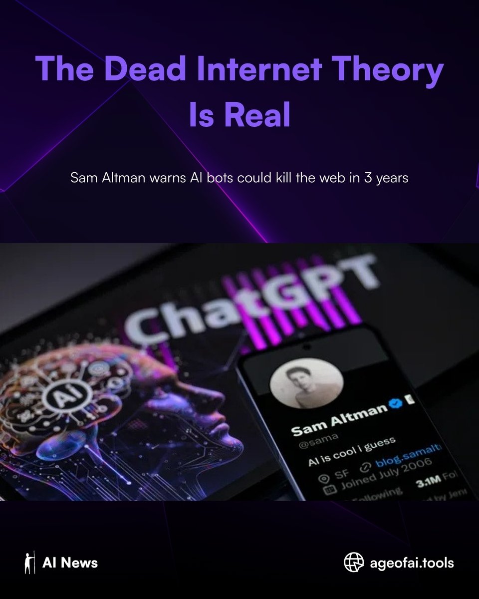 ageofaitools's tweet image. 🚨 Sam Altman warns: The &quot;dead internet theory&quot; is becoming reality. 50% of web traffic is now AI-generated, and it could dominate completely within 3 years.
Are we witnessing the end of the authentic internet? 🤖

#DeadInternetTheory #AI #SamAltman #ChatGPT #TechNews