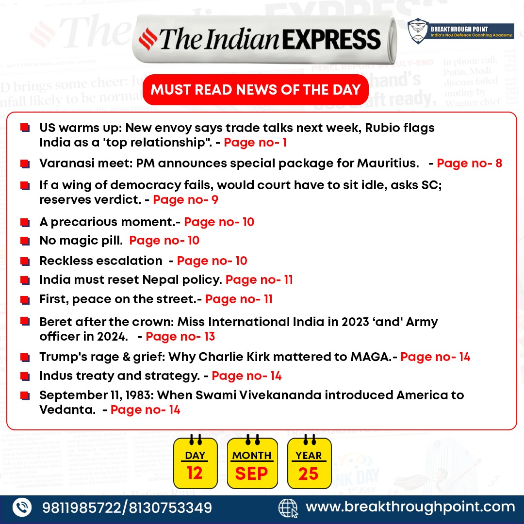 12th Sept | The Hindu &amp; Indian Express Headlines Curated Current Affairs for NDA, CDS, AFCAT &amp; SSB. Simplified by Bhavishya Sir at India’s No.1 Defence Academy – Breakthrough Point. 👉breakthroughpoint.co.in/enquiry #nda2025 #cds2025 #afcat2025 #ssbpreparation #currentaffairs