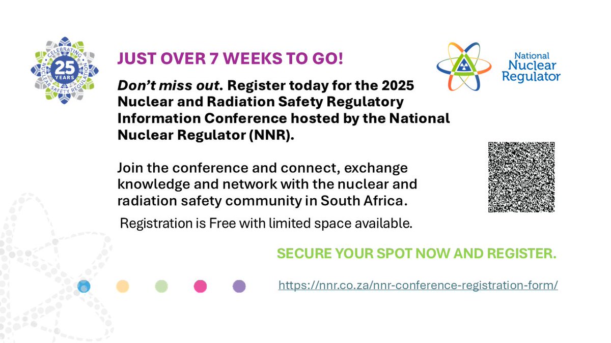 Don’t miss out. Register today for the 2025
Nuclear and Radiation Safety Regulatory
Information Conference hosted by the National
Nuclear Regulator (NNR).
nnr.co.za/nnr-conference…