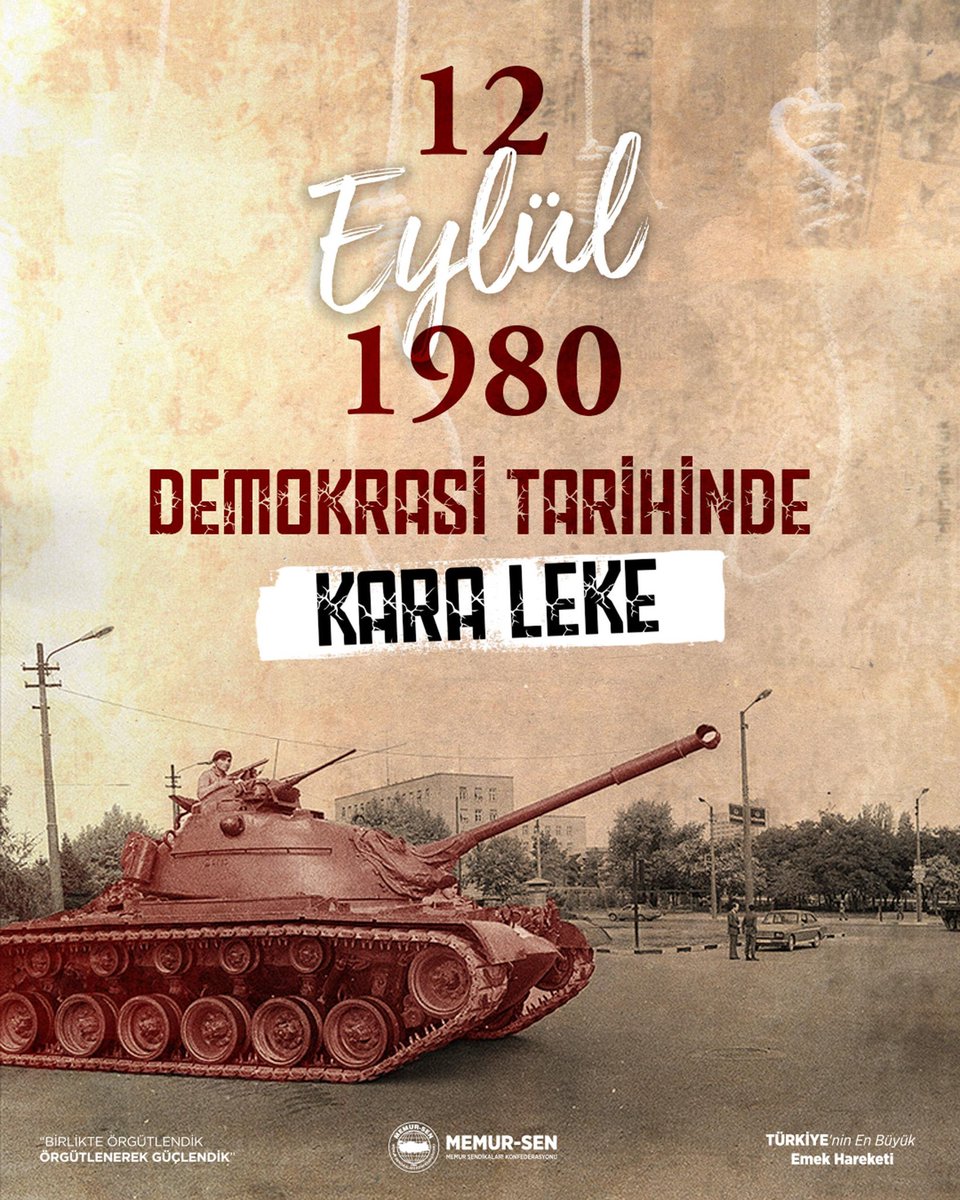12 Eylül Darbesinin Üzerinden 45 Yıl Geçti.

Millet iradesini hiçe sayan, özgürlükleri yok eden, binlerce insanı gözaltına, işkenceye, sürgüne ve idama mahkûm eden bu kara zihniyeti lanetliyoruz.

Darbeler, milletimizin hafızasında derin yaralar açmıştır. Ancak Türk milleti her