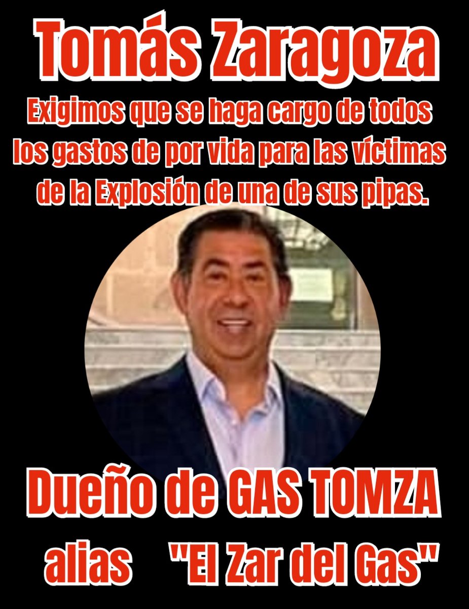Implicado el Zar del Gas Tomás Zaragoza por descuido de sus unidades viejas de gas. 
Es justo que se haga cargo de por vida de la salud de las víctimas y también reponga los autos y comercios quemados 
#JusticiaParaLasVíctimasDeLaExplosiónEnIztapalapa