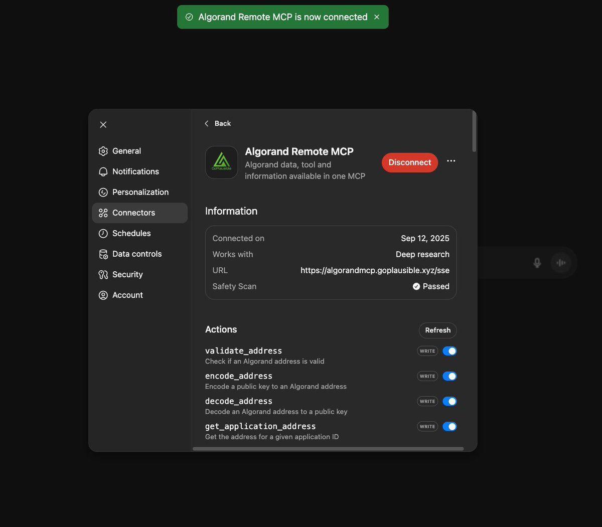 GoPlausible's tweet image. 🔥 #Algorand Remote MCP for #ChatGPT🔥
@GoPlausible #Algorand Remote #MCP and dOAuth infrastructure works with #ChatGPT MCPs from day 1 out of the box! No change required! 🥳
This is the result of concise and correct implementation.
Just use "algorandmcp.goplausible.xyz/sse"