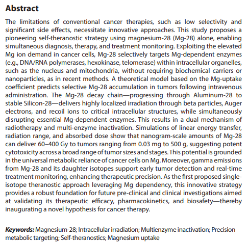 TD_ASP's tweet photo. 🥳New Original Research Article:  Magnesium-28: A theorical novel self-theranostic strategy targeting metabolic enzyme disruption and intracellular irradiation
✍️ By: Tran Van Luyen
 👀Here: https://t.co/2dnOZF9xmF https://t.co/LNIGpUKvkH
