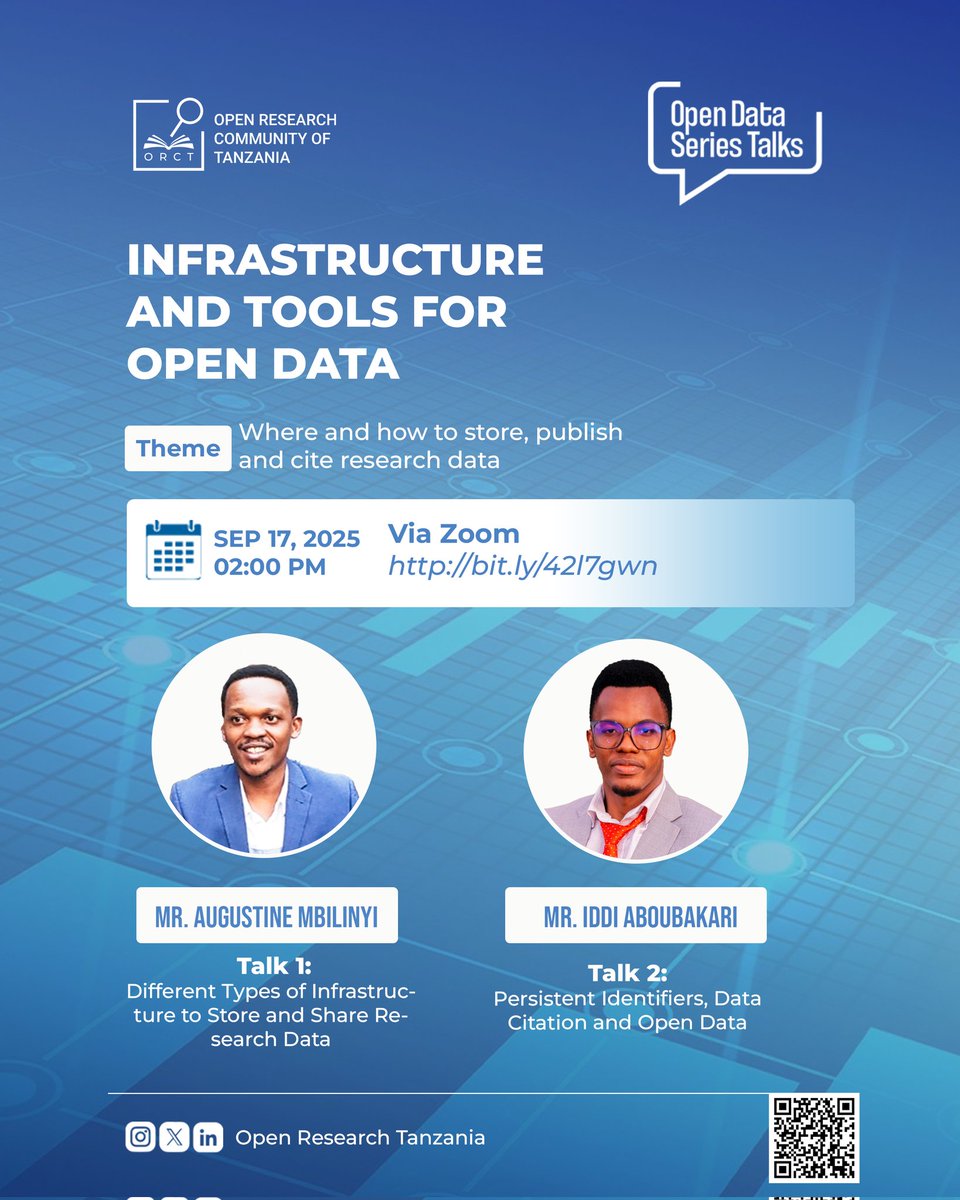 The 3rd session of the #opendata series will be on infrastructure and tools to facilitate open data

Join us next Wednesday, 17 September, at 2:00 pm EAT

To register: us02web.zoom.us/meeting/regist…

#OpenResearch #OpenResearchTz #OpenScience #OpenScienceTz #SayansiTanzania