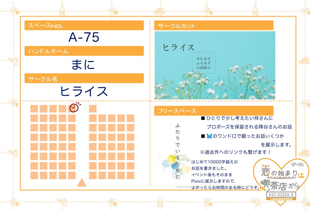 スペースはA-75でした。
雰囲気のご参考までに、展示するお話の一部を抜粋して、リプに繋げます🙇‍♀️
どうぞよろしくお願いいたします！

#こいきっさ5おしながき