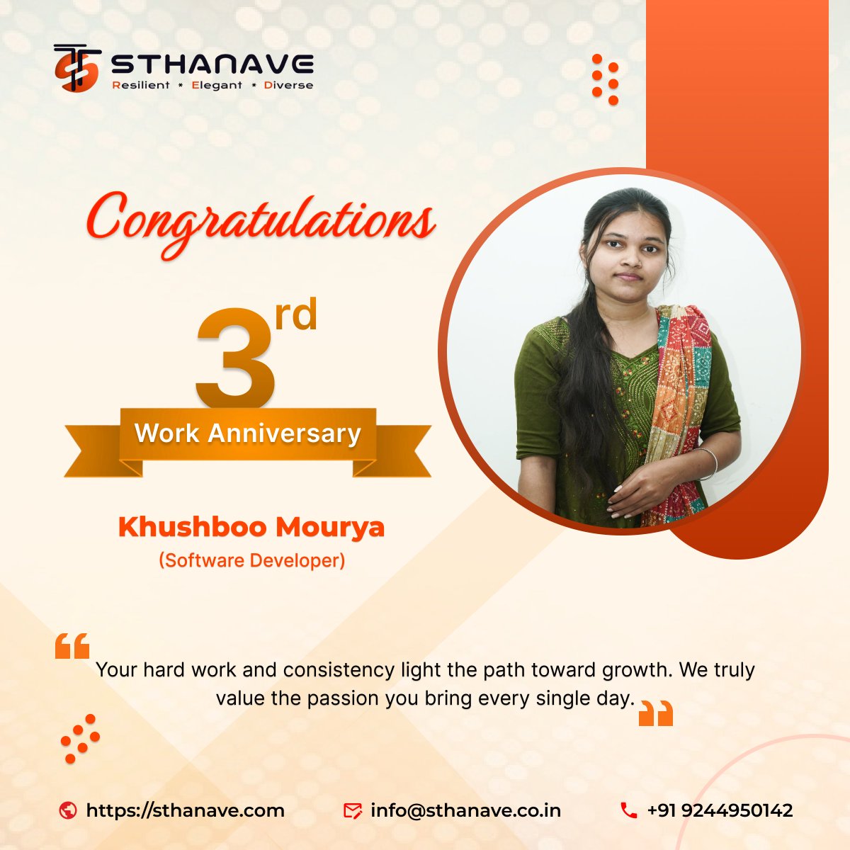 SthanaveTech's tweet image. 🎉 Work Anniversary Spotlight!

A big shoutout to Khushboo Mourya for completing 3 successful years. Your commitment and valuable contributions are an inspiration for all of us. Here&apos;s to more milestones and shared success!

#WorkAnniversary #Employee #sthanavetechnologies