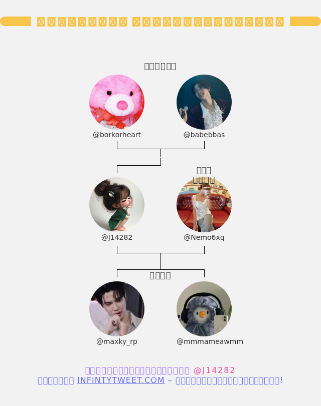 J14282's tweet photo. 👨‍👩‍👧‍👦 ครอบครัวทวิตเตอร์ของฉัน:
👫 พ่อ���ม่: @borkorheart @babebbas
👰 คู่สมรส: @Nemo6xq
👶 เด็ก: @maxky_rp @mmmameawmm

➡️ https://t.co/RD9SX3FrZC https://t.co/QE8yUtWkIX