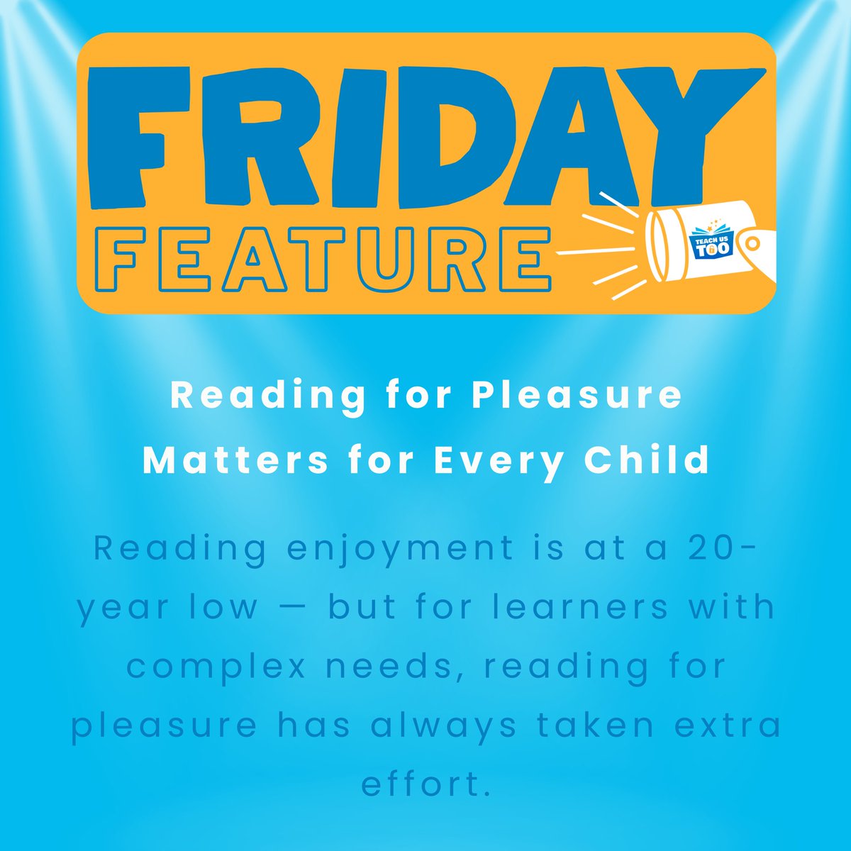 TeachUsToo's tweet image. Reading brings joy &amp;amp; connection. For learners with complex needs, fostering that pleasure takes creativity &amp;amp; care.
✔️ Respect age &amp;amp; interests to motivate
✔️ Model reading for pleasure &amp;amp; share books
🔗 ow.ly/WEbG50WR0WU
#FridayFeature #TeachUsToo #InclusiveLiteracy #AAC
