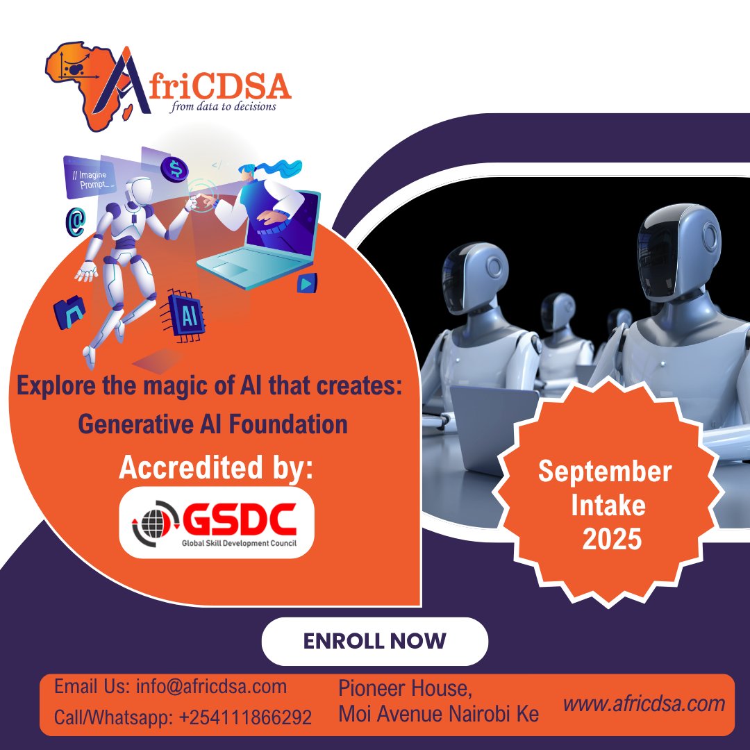 afri_cdsa's tweet image. Step into the future with Generative AI! Join our Generative AI Foundation course this September 2025 and explore the magic of AI that creates. Accredited by GSDC – Global Skill Development Council. Visit africdsa.com to enroll.
#AI #GenerativeAI #AfriCDSA…