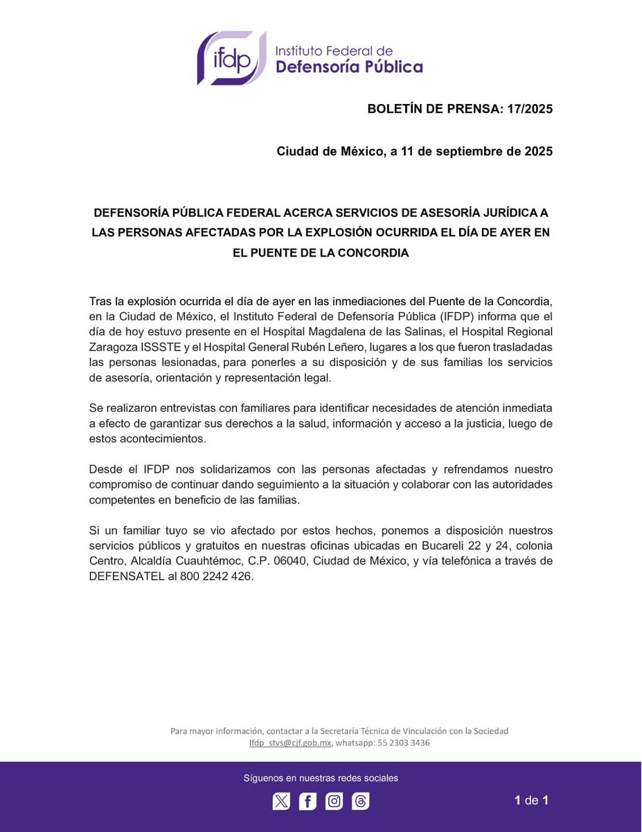 defensoriaifdp's tweet image. 📢 Boletín de Prensa 17/2025

Defensoría Pública Federal acerca servicios de asesoría jurídica a las personas afectadas por la explosión ocurrida el día de ayer en el puente de La Concordia.

#IFDP #DefensaParaTi #SomosPJF #LaConcordia