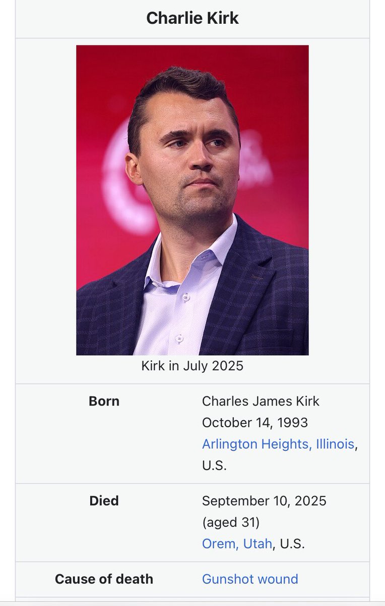MTMehan's tweet image. Hey, Wikipedia. Both men should have identical causes of death. But Charlie’s entry is gaslit. Fix it, Wikipedia.
MLK has “assassination by gunshot” and Charlie just has “gunshot wound” as if it was some hunting accident.
Fix it. Fix it now.