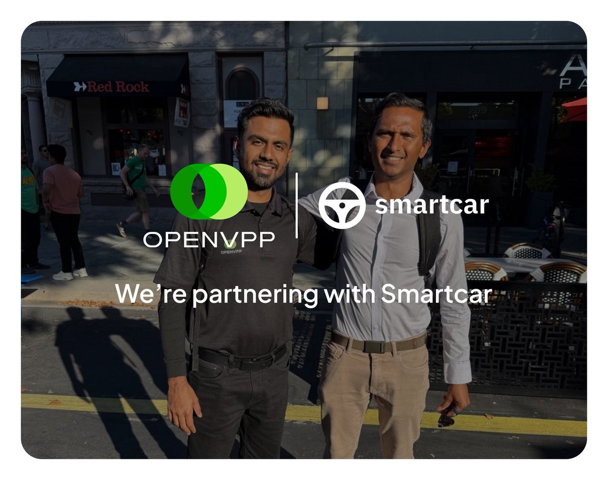 Excited to announce that OpenVPP is partnering with Sahas Katta, Co-Founder &amp; CEO of Smartcar, the world’s largest vehicle monitoring &amp; control platform.

Smartcar is backed by @A16z and some of their largest customers include fleet operators such as Uber and Lyft. 

This