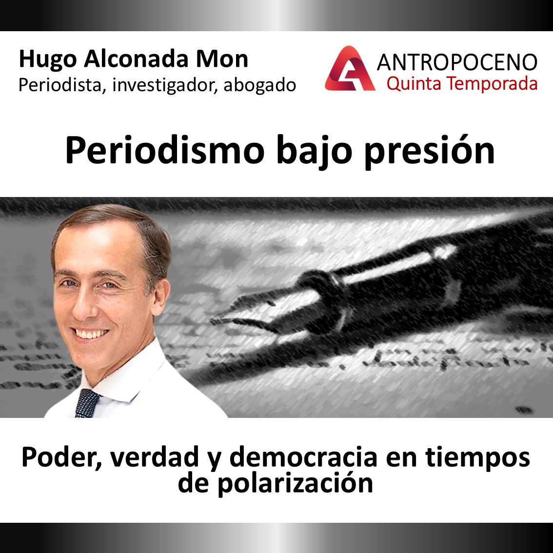*Hugo Alconada Mon*
en ANTROPOCENO 
*Periodismo bajo presión*
Poder, verdad y democracia en tiempos de polarización
<a href="/halconada/">Hugo Alconada Mon</a>

Video en *@AntropocenoEnYouTube*
youtu.be/wF6KLHMABdk?si…

Audio en *@AntropocenoPodcast*
open.spotify.com/episode/4brmDR…

Suscríbase a nuestros canales