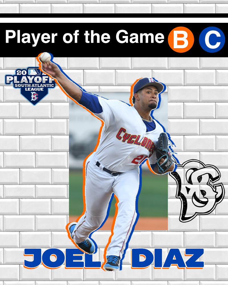 Joel Diaz with 6.2 masterful innings to collect the win in a decisive Game Two for the Cyclones.   

Brooklyn is headed to the South Atlantic League Championship Series.