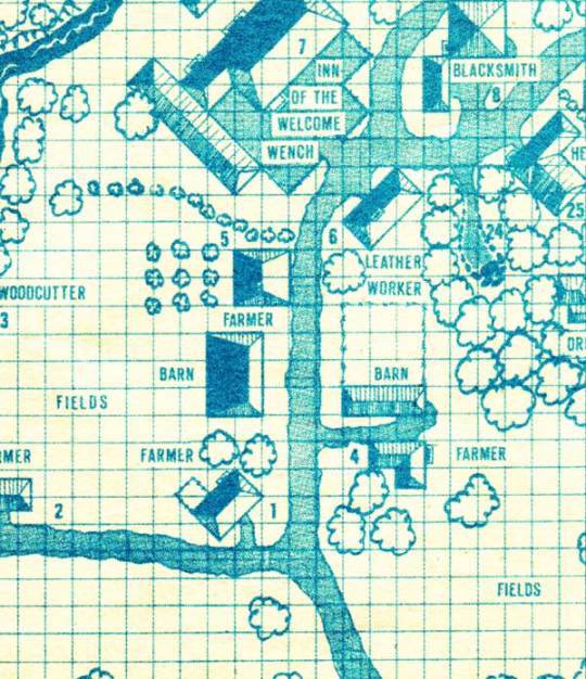 At first glance, this just looks like a neat illustration in AD&amp;D’s the Vllage of Hommlet.

However, most folks don’t realize how painstakingly accurate this is.

Look at the map. Trampier put us in the south crossroad looking north. Ahead on the left is farmhouse 1, with the