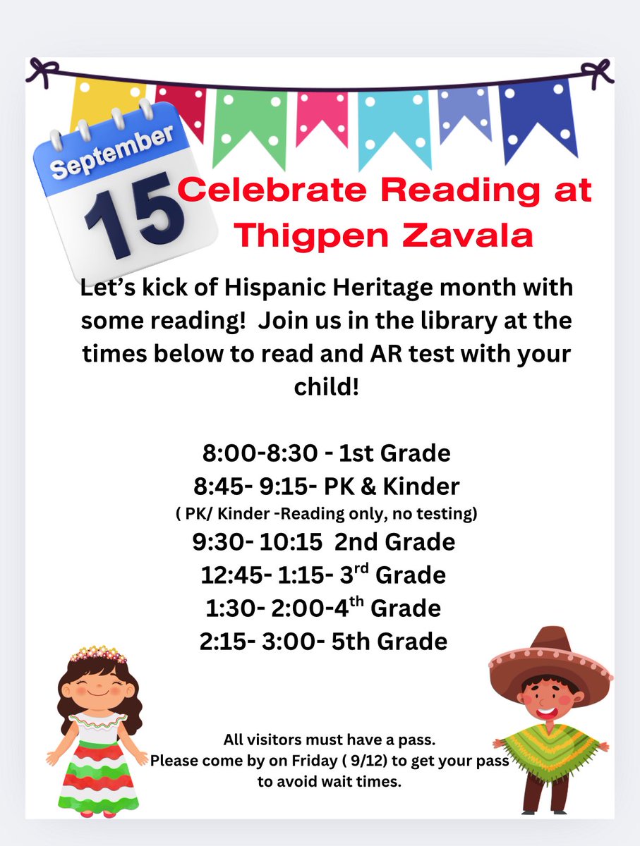 Hey Hawks! Let’s kick off Hispanic Heritage month with family reading time on Monday! Visit our library! <a href="/tzhawks/">Thigpen-Zavala Elementary</a> <a href="/annvega/">annvega</a> <a href="/McAllenISD/">McAllen ISD</a>
