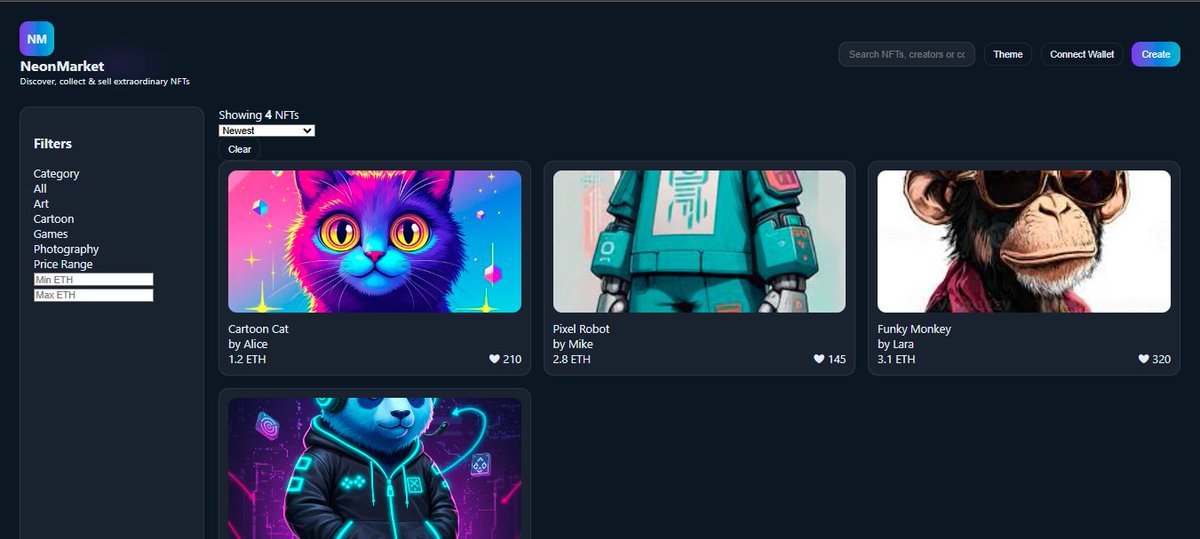 🚀 Just launched my Full Stack NFT Marketplace!

✅ Modern responsive UI
✅ NFT grid w/ filters, search &amp; sort
✅ Dark/Light mode
✅ Wallet connect (MetaMask-ready)
✅ Backend APIs + MongoDB
✅ Smart contracts (Solidity, Web3.js)
#NFT #Web3 #Blockchain #Solidity #FullStack