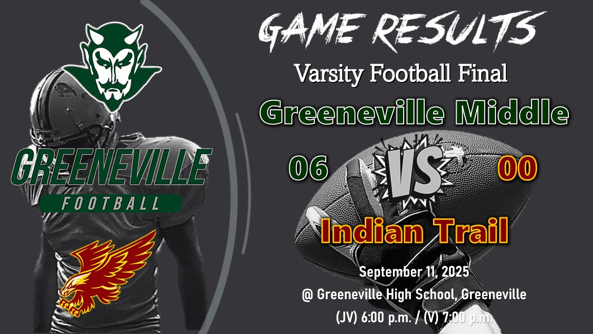 jeremy_simerly's tweet image. GMS Athletics, Football
V Game Results, September 11, 2025
GMS vs. Indian Trail
Go Devils! #WEoverME
@GMS_greeneville @racheladamstn @ToddLance54
@GMSGreeneDevils @EverhartBgc15