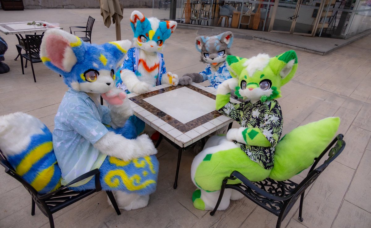 #FursuitFriday
不好意思，我们这边已经凑好一桌了呢…那你就负责去给我们端茶倒水吧！
桌友：<a href="/Furcat_flame/">狸焰/蔚辰🔜WFF</a> 努卡 <a href="/huntngyxunxun1/">欢腾也轩轩</a> 
📷：<a href="/sama00340579/">从寒sama</a>