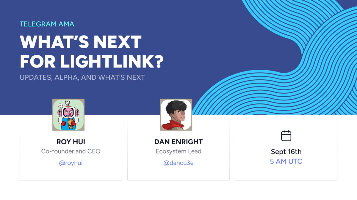 LightLinkChain's tweet photo. 📢 AMA Incoming
Join us on Sept 16th, 5 AM UTC for our first Monthly AMA with @royhui and @dancu3e
Expect updates, future plans, FAQs, alpha and your questions answered live in our official Telegram channel
Got a question? Submit it here:
https://t.co/5KcZPMTcmq https://t.co/Sfm2uUEmEK
