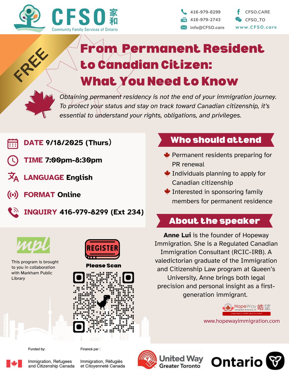 【FSO】2025.09.18 (Thu) From  Permanent Resident 
to Canadian Citizen: 
What You Need to Know  (English)
Inquiry: 416-979-8299 Ext. 234 / jwoo@cfso.care
Registration: docs.google.com/forms/d/1kfTS4…

Check out our Upcoming Events: 🔗linktr.ee/cfso.care