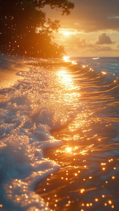 A serene beach scene at sunset. Gentle ocean waves crash onto the shore, reflecting golden sunlight. The water sparkles with light, and the horizon shows a bright sun partially obscured by clouds and trees.