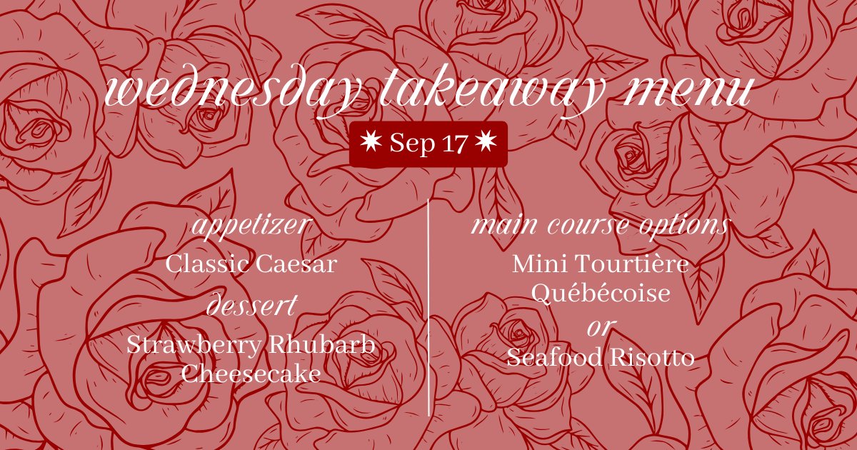 Your Wednesday Takeaway menu has arrived! 

🌹

Ready-to-eat. Order by 5pm Tuesday for pickup on Wednesday between 5pm-6pm. 3-course takeaway includes an appetizer, main &amp; dessert. Each item also available individually. 

Menu options change weekly. 

🔗 oldsurreyrestaurant.ca/wednesday