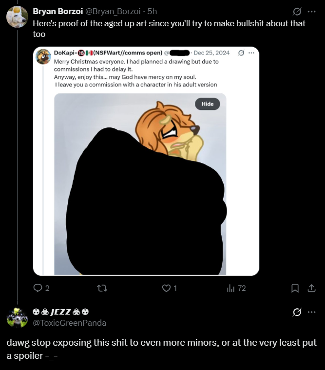 Shadow_theWolf3's tweet photo. TW // Censored NSFW of an underaged character 

Insane to be told that you're following a person that has made aged up art of an underaged character; you even seemingly become afraid to reply back to Bryan after that point, yet you continue to follow said artist. https://t.co/Bvkp8sXm9A