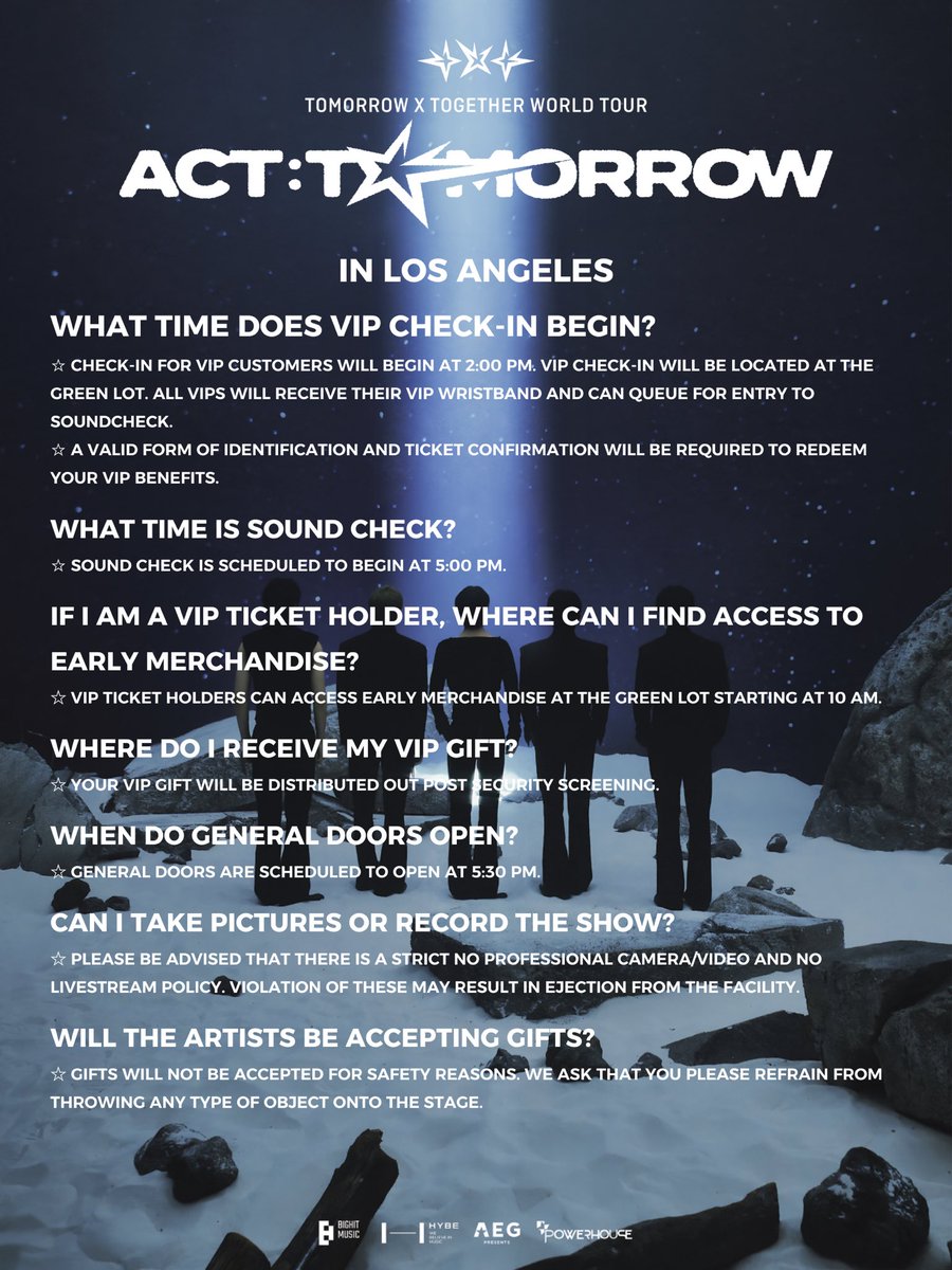 Hello MOA🤍

Are you ready for the TOMORROW X TOGETHER WORLD TOUR &lt;ACT : TOMORROW&gt; IN U.S.?!🤩

Please check out the FAQ for LOS ANGELES📢

#투모로우바이투게더 #TOMORROW_X_TOGETHER #TXT
#ACT_TOMORROW #TXT_TOUR_ACTTOMORROW