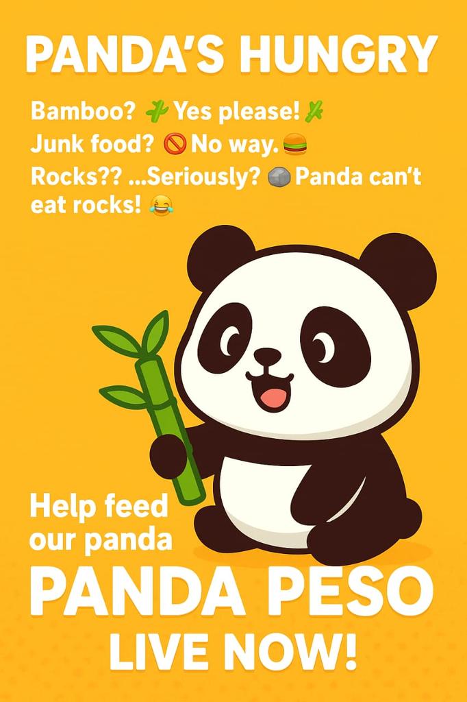 Panda’s hungry. 🐼
Bamboo? Yes please! 🎋
Junk food? No way. 🍔🚫
Rocks?? …Seriously? Panda can’t eat rocks! 🪨😂

🎮 Help feed our panda in Panda Peso, climb the leaderboard, and snag weekly rewards in $PESO— LIVE now!
👉 hungrypandapeso.fun