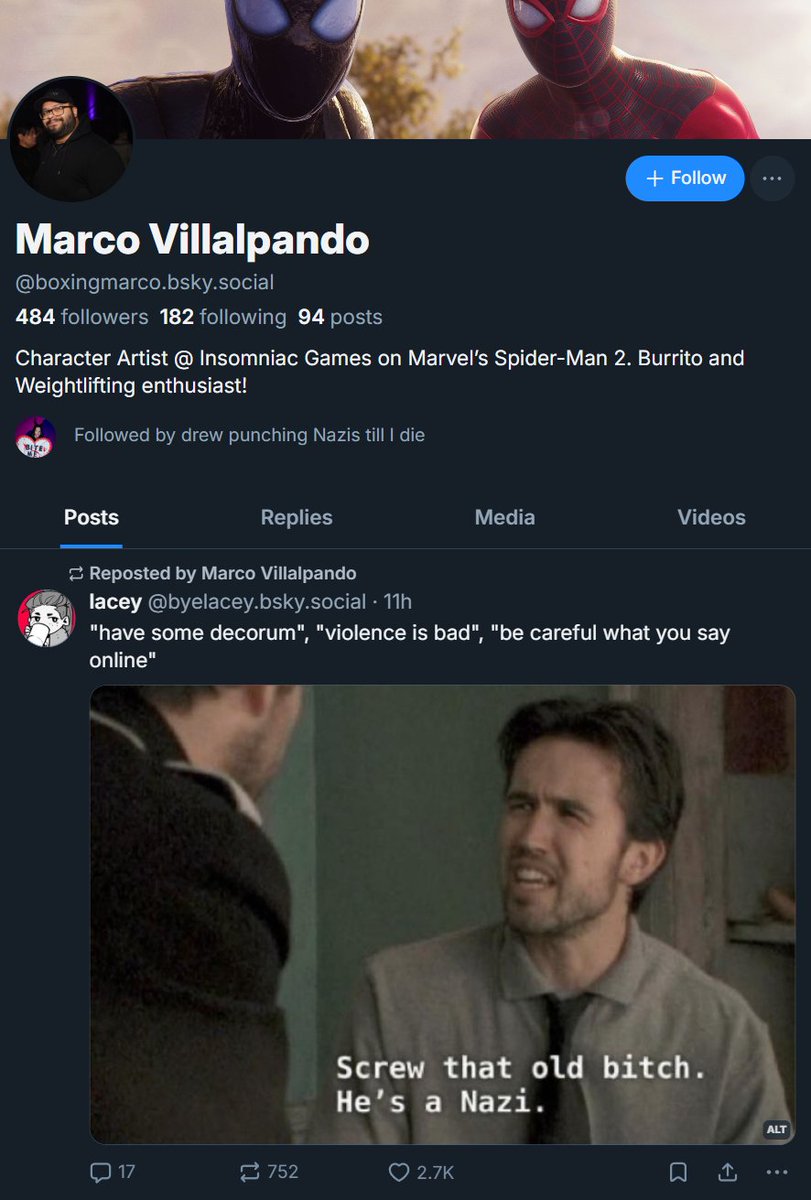 Grummz (@grummz) on Twitter photo This is Marco Villalpando. He's a Character Artist <a href="/insomniacgames/">Insomniac Games</a>.
He reposted a call defending political violence after Charlie Kirk's assassination.
He does not belong in games. Imagine if he had retweeted the same comment about a PoC or trans person. That studio would fire This is Marco Villalpando. He's a Character Artist <a href="/insomniacgames/">Insomniac Games</a>.
He reposted a call defending political violence after Charlie Kirk's assassination.
He does not belong in games. Imagine if he had retweeted the same comment about a PoC or trans person. That studio would fire