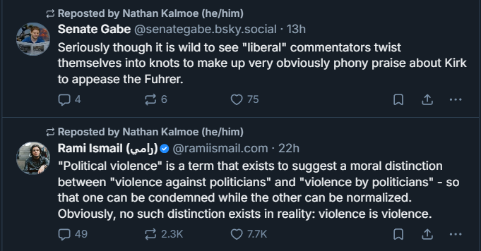 BenjaminRothove's tweet image. Nathan Kalmoe, the Executive Administrative Director for the Center for Communication and Civic Renewal at UW-Madison, really wants his followers on Bluesky to know he hates Charlie Kirk.