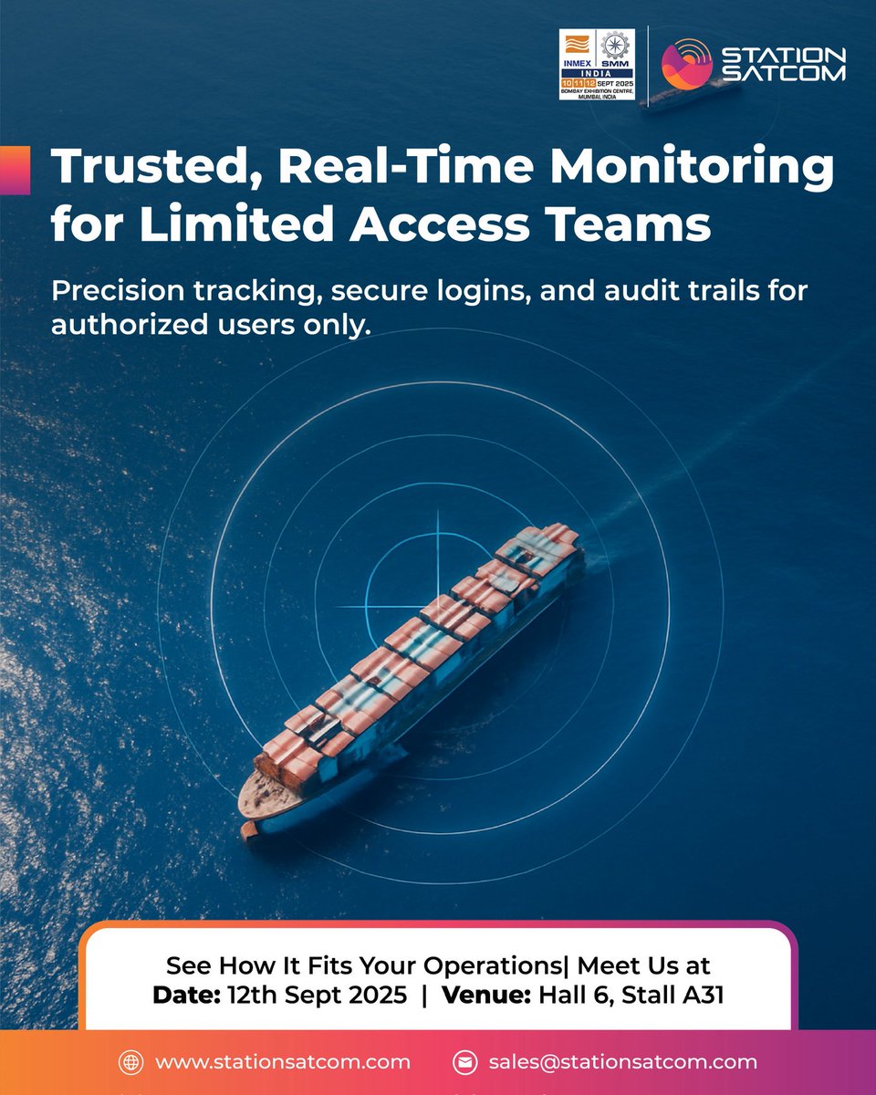 Station_Satcom_'s tweet image. 🌊 Introducing Real-Time Ship Tracking for private fleets &amp;amp; limited groups.
- Live vessel updates
- Secure, restricted access
- Perfect for fleets, pirate zones &amp;amp; research ops
🔒 Tracking built on control &amp;amp; trust.
📍 Meet us @ INMEX, Hall 6, Stall A31.
#ShipTracking #INMEX