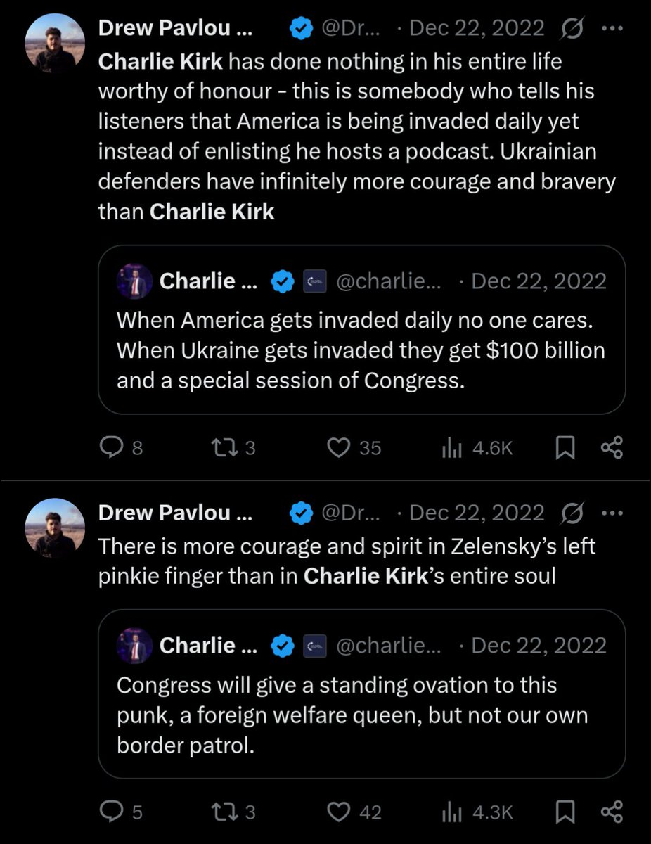 Couldn't think of a better bloke to honour Charlie Kirk's memory than Drew "I support the latest thing" Pavlou :')