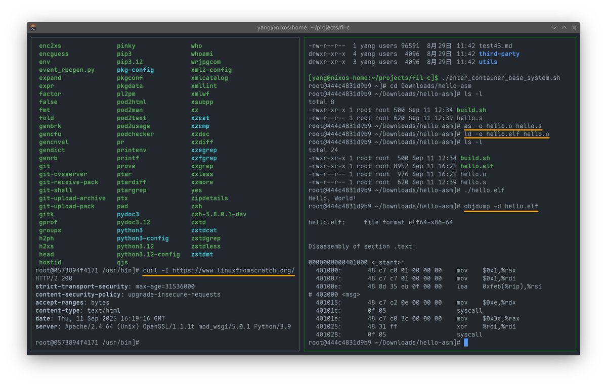 I just built a base system (rootfs) with Coreutils, Binutils, Bash, and curl, those are all compiled using Fil-C (a memory-safe C, created by <a href="/filpizlo/">Filip Jerzy Pizło</a>, fil-c.org), everything works properly, it's really awesome!

The building script: github.com/hemashushu/fil…