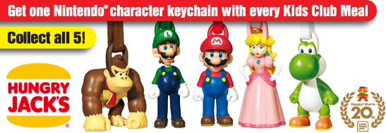 The set of Mario character keychains from Hungry Jack's