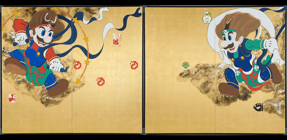 Folding screen made to celebrate the Super Mario Bros. 30th Anniversary and the 400th anniversary of the Rimpa school's founding, based on Fujin Raijin-zu Byobu