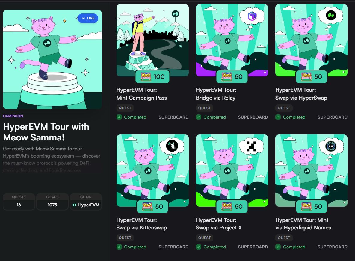 🔥HyperEVM Tour with Meow Samma!

I just completed the $HYPE <a href="/Superboard_/">Superboard</a> 

Pretty straight forward and easy to complete while getting exposure to the potential season two Hyperliquid airdrop.

All the protocols covered are staking, lending, and liquidity across HyperEVM. Good