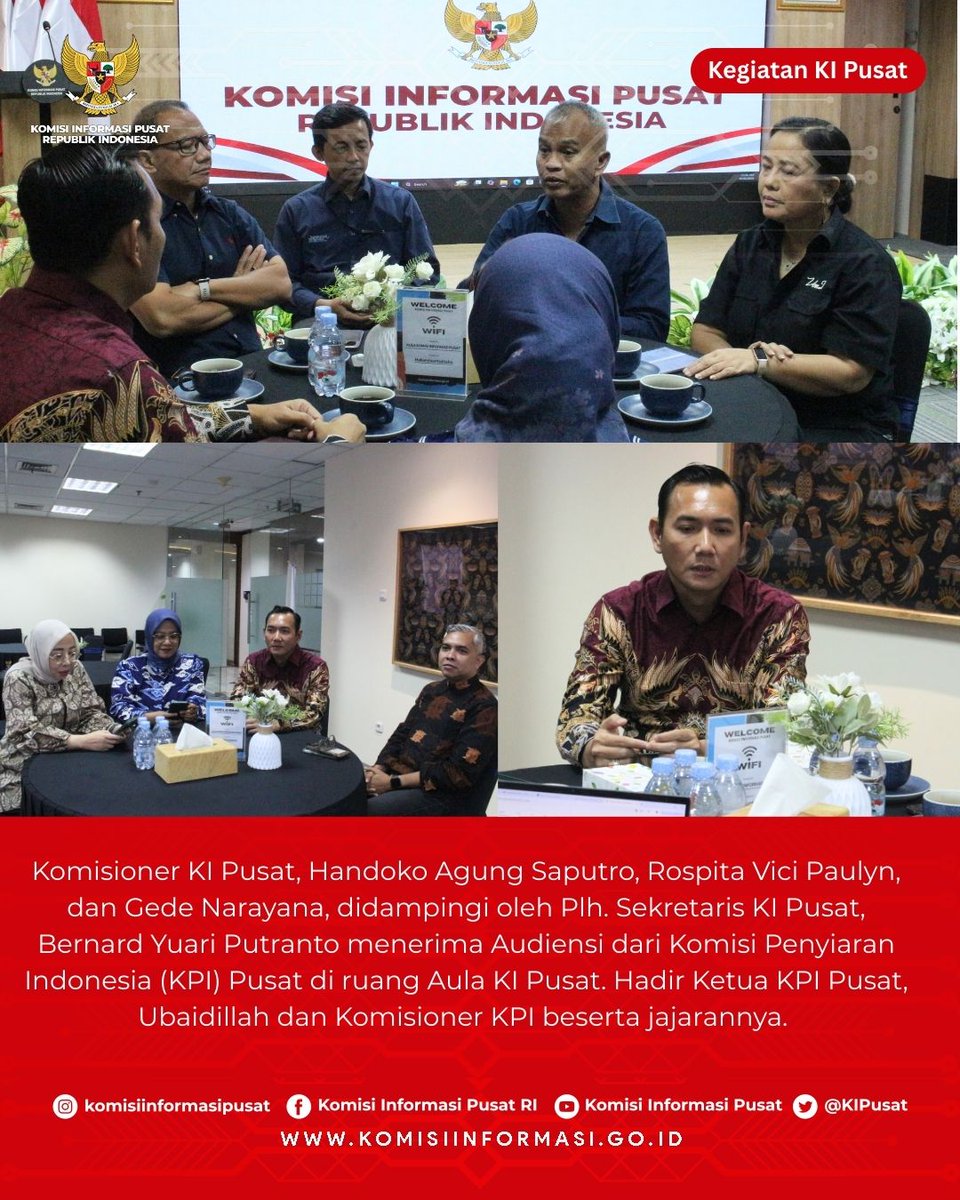 KIPusat's tweet image. Perkuat Koordinasi dan Sinergi Antar Lembaga, KPI Pusat audiensi dengan KI Pusat
Audiensi ini diterima oleh Komisioner KI Pusat Handoko Agung Saputro, Rospita Vici Paulyn, dan Gede Narayana. Hadir Ketua KPI Pusat Ubaidillah beserta jajarannya. 

#Audiensi
#KIPusat
#KPIPusat