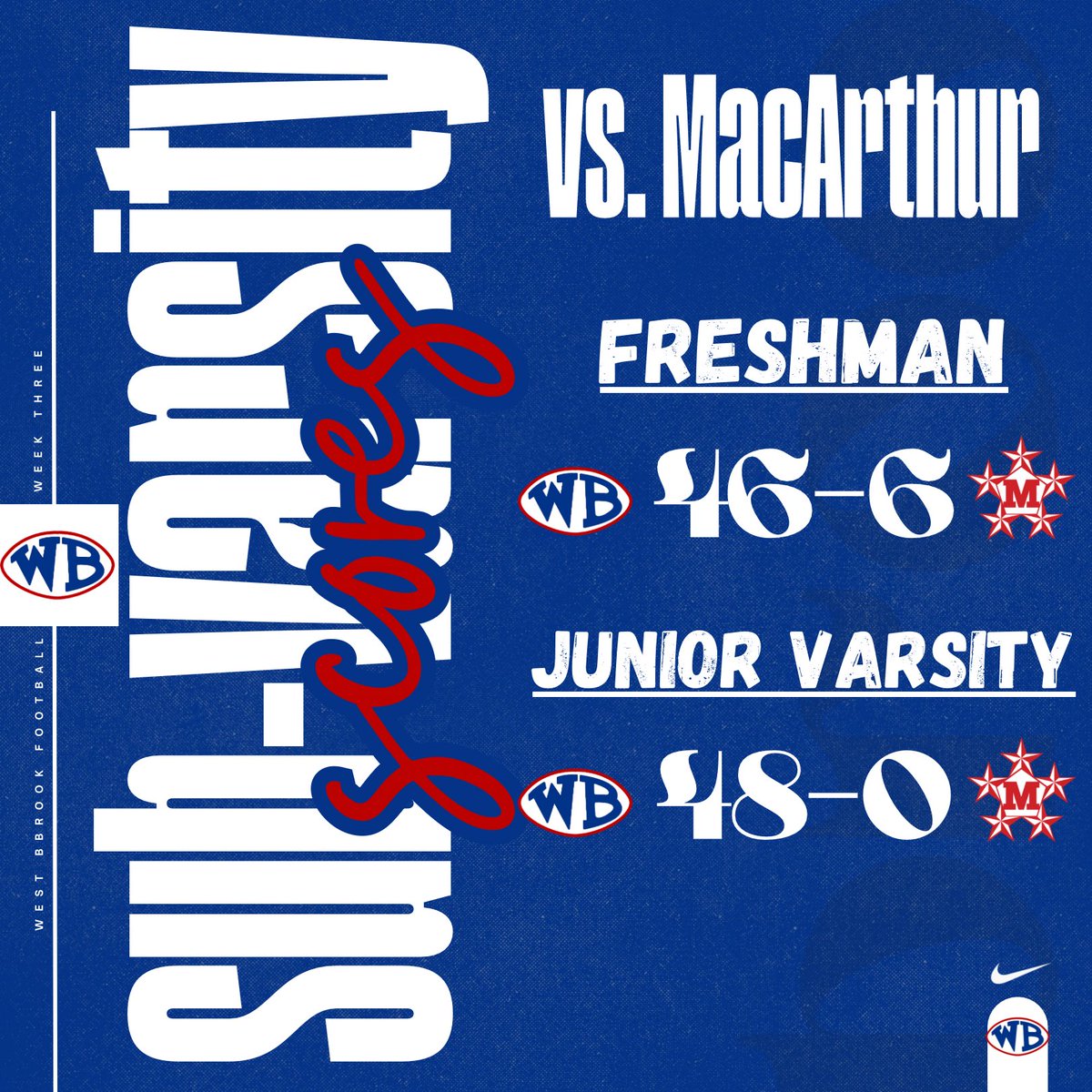SUB-VARSITY BRUIN SWEEP 🐾
Bruins dominate MacArthur! 

Freshman: WB 46–6
JV: WB 48–0

The future is bright, Brook Family! 

#BrookFamily #AllInAllYear
#FN5GL #Sweepstakes