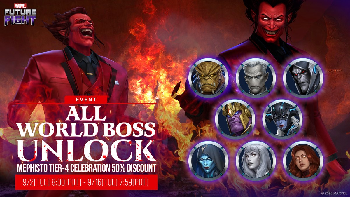 50% Off! Unlock All World Boss battles for a discount during the event! #MarvelFutureFight
