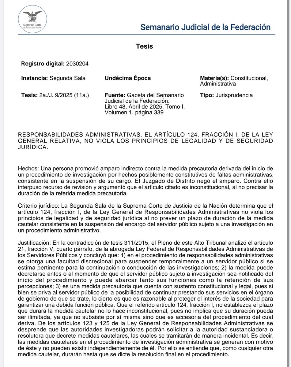 robertolp9's tweet photo. Es Constitucional la suspensión de un servidor público, como medida cautelar, cuando se le sujeta a una investigación, ya que prevalece el derecho de la sociedad a contar con servidores públicos que ejerzan una debida función pública. https://t.co/tAfE5nUYXW
