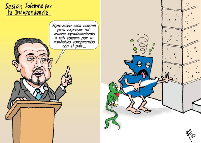 A man in a suit stands at a podium speaking, with text reading "SesiÃ³n Solemne por la Independencia" and "Aprovecho esta ocasiÃ³n para expresar mi sincero agradecimiento a mis colegas por su autÃ©ntico compromiso con el paÃ­s...". A cartoon character resembling Guatemala, depicted as a stressed figure with a blue body and a green parrot, leans against a wall with a spring emerging from its head and steam rising.