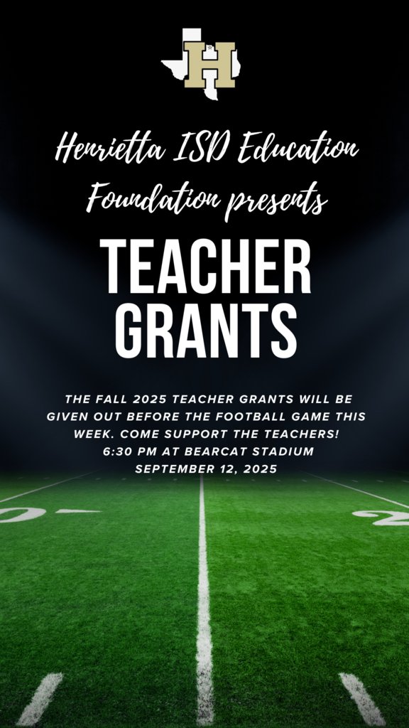 📣 Henrietta ISD Education Foundation Presents: Teacher Grants!

🏈 Join us before the football game tomorrow night to celebrate our amazing educators!
✨ Teacher Grants will be presented at 6:30 PM – don’t miss this special moment!