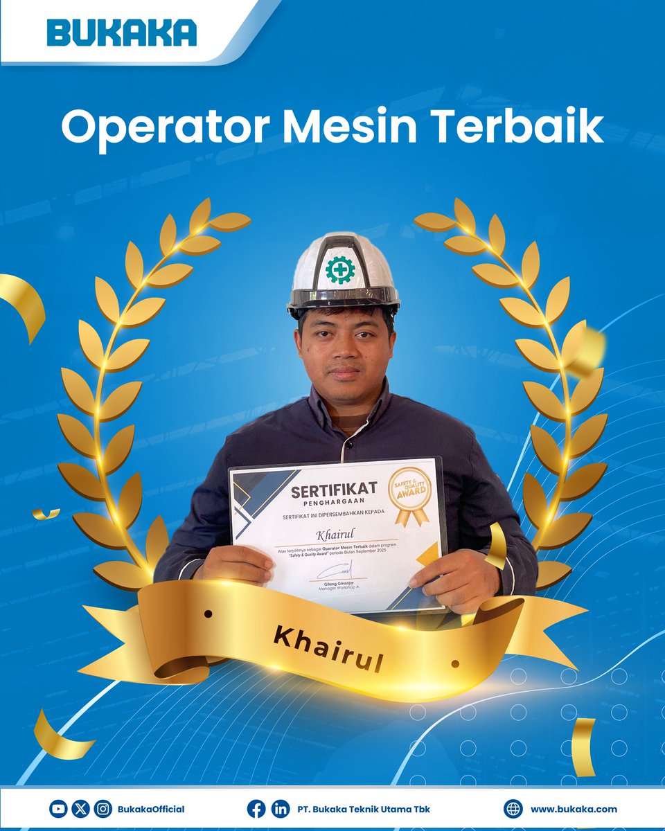 𝗦𝗮𝗳𝗲𝘁𝘆 &amp; 𝗤𝘂𝗮𝗹𝗶𝘁𝘆 𝗔𝘄𝗮𝗿𝗱𝘀 - 𝗦𝗛𝗢𝗣 𝗔
(𝗦𝗲𝗽𝘁 𝟮𝟬𝟮𝟱)

Ingat, safety bukan hanya aturan, tapi bentuk kepedulian kita agar semua yg terlibat bisa pulang dengan selamat. Dan quality bukan sekadar standar, tapi kebanggaan bahwa karya kita adalah yang terbaik.