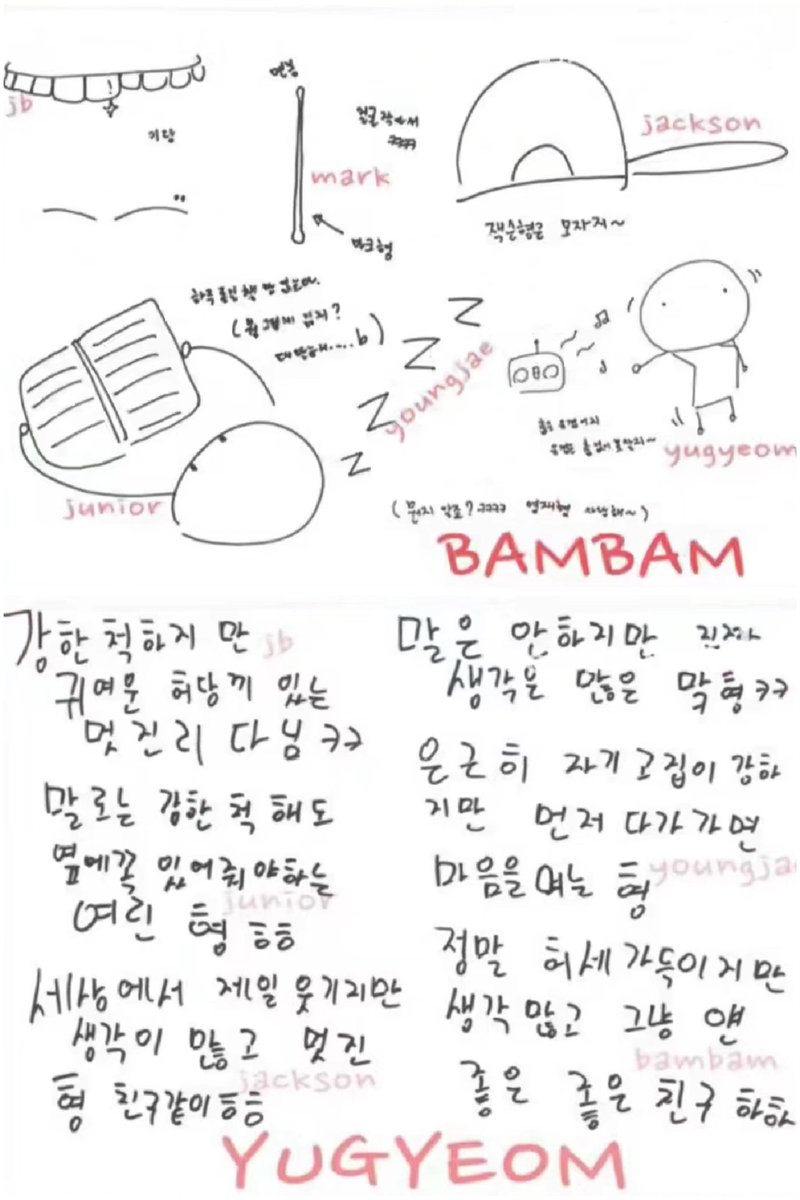 What the GOT7 members thought of each other – a throwback 🥲💚

#JAYB on GOT6
🐰: Quiet
👑: Funny
🍑: Serious
🌙: I Live Alone
🐍: Lives by the form/swag, dies by the form/swag *in playful, admiring tone*
🌼: Clear, pure~ clear like top-grade valley stream water

#MarkTuan on