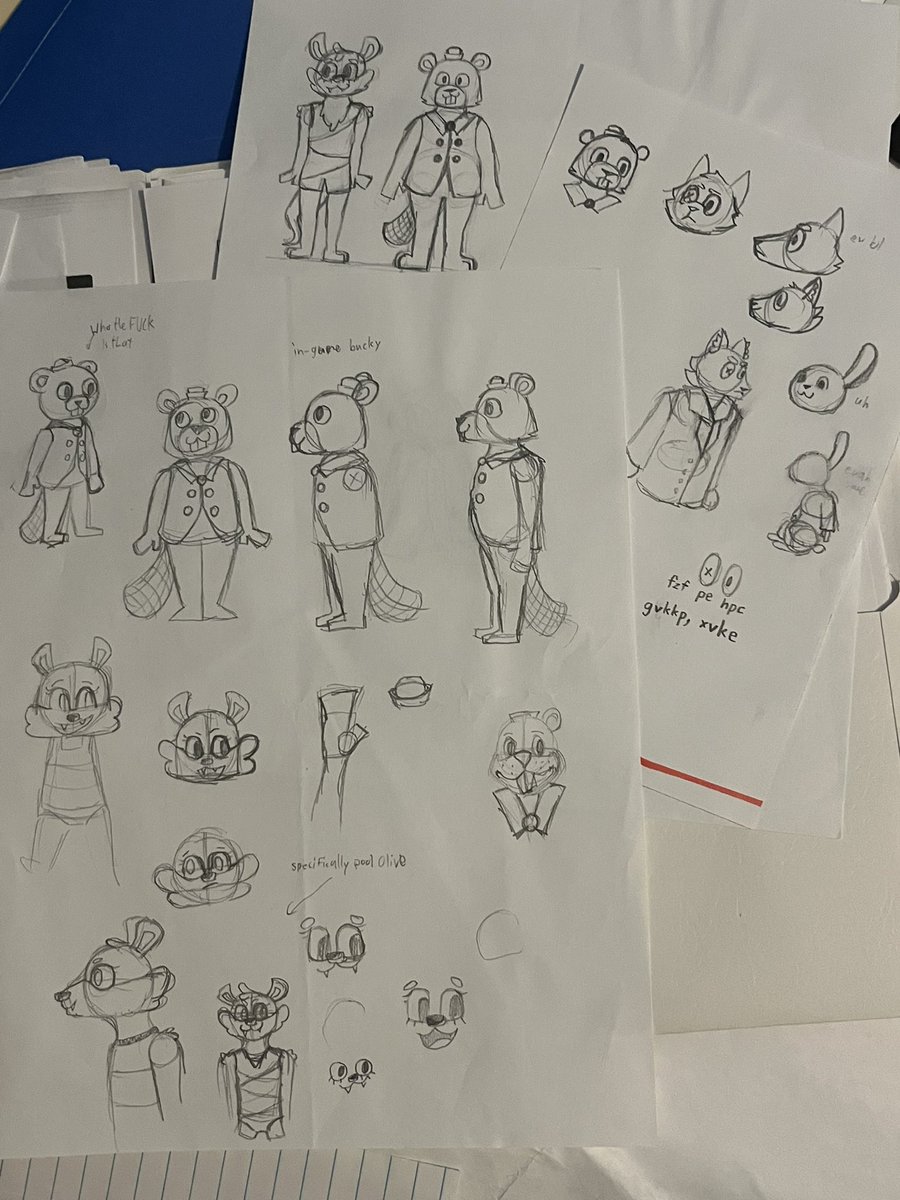 Maxillow's tweet image. Was going through some old papers and found a bunch of sketches of that beaver I hate /pos #Shipwrecked64 
I was still trying to figure out how to draw them lol