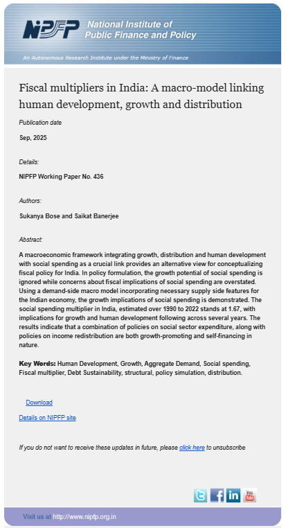 Fiscal multipliers in India: A macro-model linking human development, growth and distribution
Details:
NIPFP Working Paper No. 436
Authors:
Sukanya Bose and Saikat Banerjee

nipfp.org.in/media/document…
